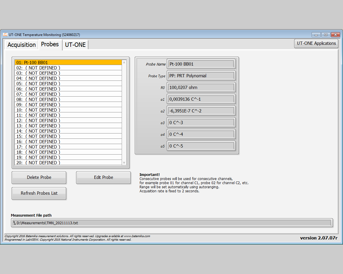 UT-ONE Temperature Monitoring - Probe defenition