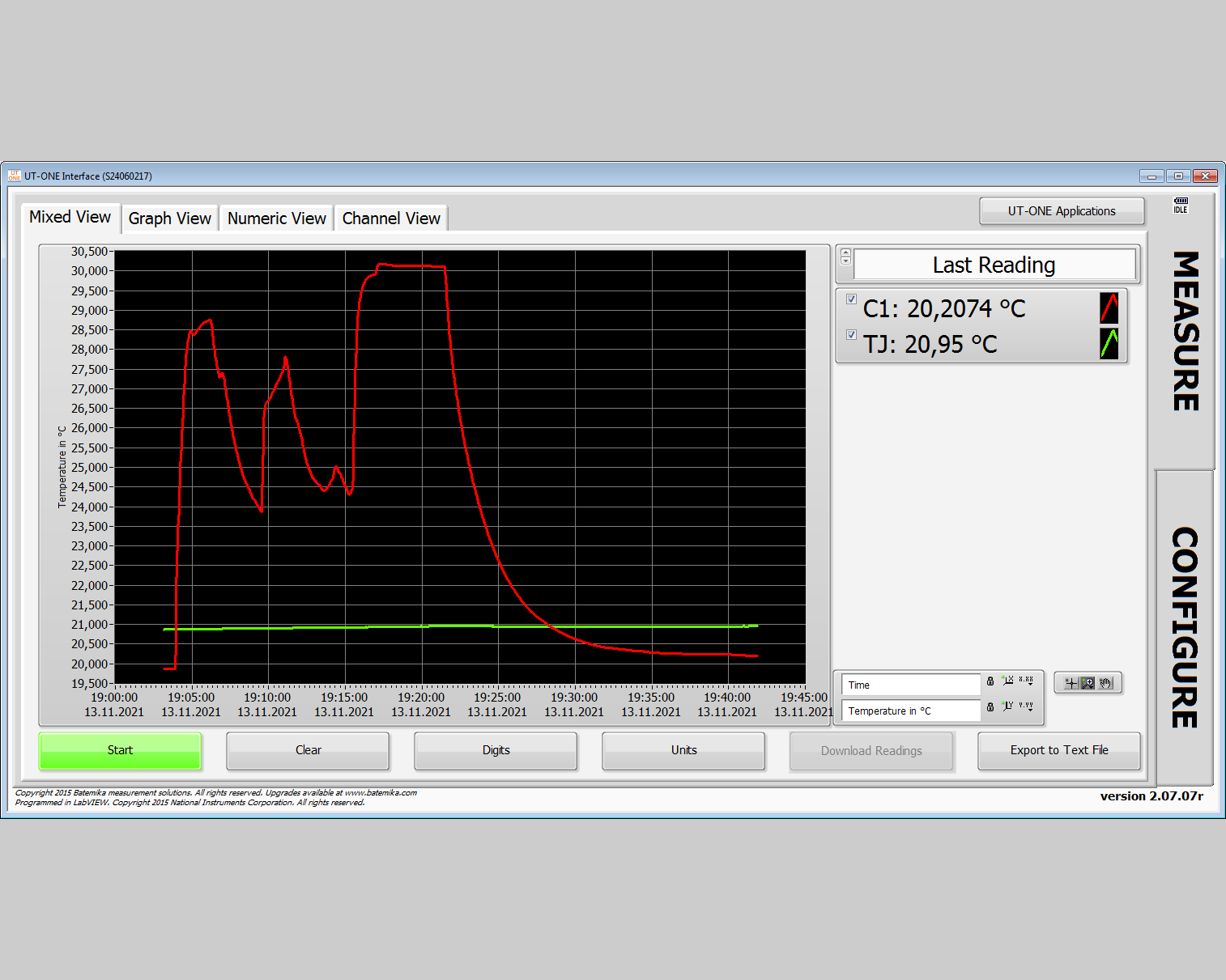 UT-ONE Interface - Mixed View - Graphical and Numerical presentation of measured data