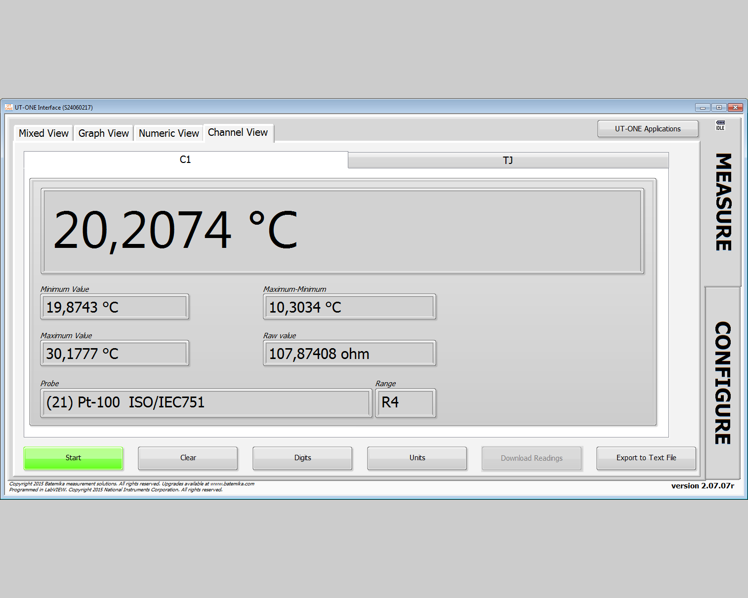 UT-ONE Interface - Channel View of UT-ONE S01A Thermometer readout 