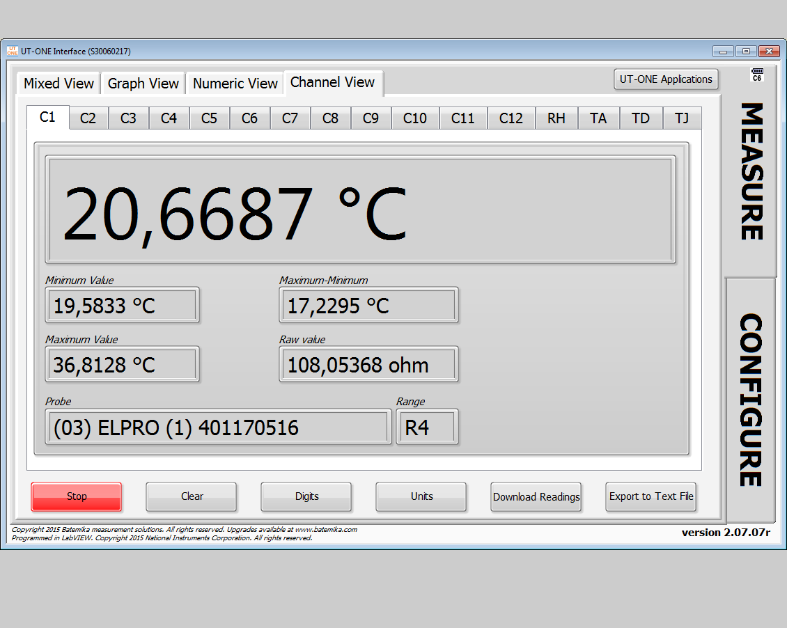 UT-ONE Interface - Channel View - Numerical presentation of selected channel measured data, including row data, probe type,... 
